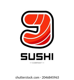 Sushi letter J vector logo design. Suitable for restaurant or bar sushi,  emblem of Japanese food with icon shape of sushi, label or sticker initial.