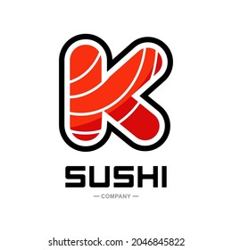 Sushi letter K vector logo design. Suitable for restaurant or bar sushi,  emblem of Japanese food with icon shape of sushi, label or sticker initial.