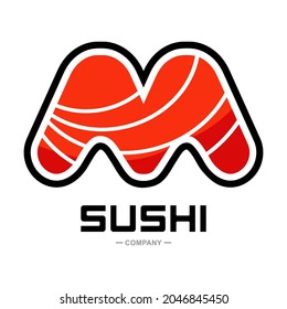 Sushi letter M vector logo design. Suitable for restaurant or bar sushi,  emblem of Japanese food with icon shape of sushi, label or sticker initial.
