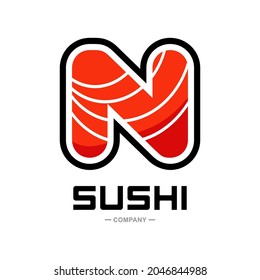 Sushi letter N vector logo design. Suitable for restaurant or bar sushi,  emblem of Japanese food with icon shape of sushi, label or sticker initial.
