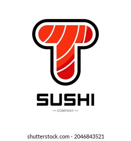 Sushi letter T vector logo design. Suitable for restaurant or bar sushi,  emblem of Japanese food with icon shape of sushi, label or sticker initial.