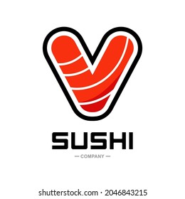 Sushi letter V vector logo design. Suitable for restaurant or bar sushi,  emblem of Japanese food with icon shape of sushi, label or sticker initial.