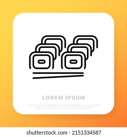 Sushi line icon. Rolls with chopsticks for sushi. Japanese traditional cuisine. Rice with seafood. Food concept. Line icon style. Vector line icon for Business and Advertising.