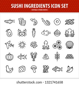 Iconos de línea de sushi configurados. Ingredientes de sushi y sashimi 30 símbolos de contorno. Elementos de marisco japoneses. Ancho de línea ajustable.