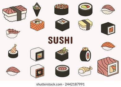 Sushi Lineal Color Vector Ilustración Icono Pegatina Set Diseño Materiales