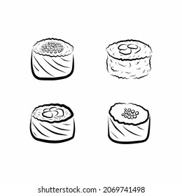 Sushi en un estilo lineal sobre un fondo blanco.Ilustración vectorial