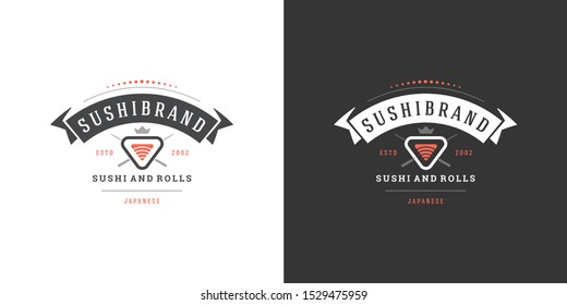 Sushi logo and badge japanese food restaurant with sushi salmon roll asian kitchen silhouette vector illustration. Vintage typography emblem and label design.