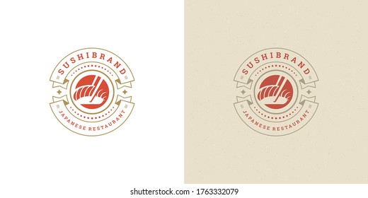 Sushi logo and badge japanese food restaurant with salmon sashimi asian kitchen silhouette vector illustration. Vintage typography emblem and label design.