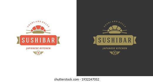 Sushi logo and badge japanese food restaurant with salmon sashimi asian kitchen silhouette vector illustration. Vintage typography emblem and label design.