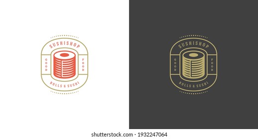 Sushi logo and badge japanese food restaurant with sushi salmon roll asian kitchen silhouette vector illustration. Vintage typography emblem and label design.