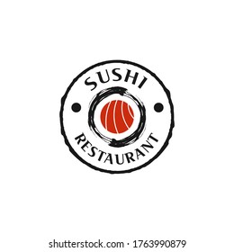 Sushi logo with brush stroke combination, japanese food retro logo