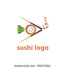 Sushi logo composition of chopsticks, roll, wasabi, caviar. Fish icon for Japanese food  restaurant menu.