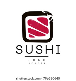 Sushi logo design, badge for sushi bar or seafood restaurant watercolor vector Illustration