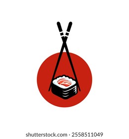 Sushi logo design emblem vector illustration template in circle. Japanese traditional food in circle. Delicious tuna sush