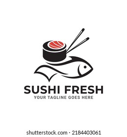 Sushi Logo Design With Fish. Isolated In White Background. Modern Design. Flat Logo. Sushi Logo. Sushi. Vector Illustration