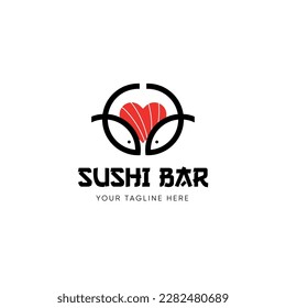 Sushi Logo Design With Fishes on White Background. Love Japan Cuisine. Heart Shaped Salmon. Modern Illustration for Branding Identity, Banner, Outdoor advertising, Web.