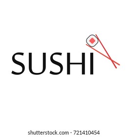 Sushi - logo design in flat style. Chopsticks holding sushi roll. Vector illustration
