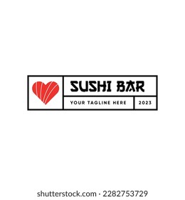 Diseño de logotipo de sushi con marco geométrico sobre fondo blanco. Amo La Cocina Japonesa. Salmón con forma de corazón. Ilustración moderna para la identidad de marca, pancarta, publicidad al aire libre, web, menú.