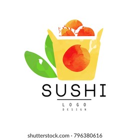 Sushi logo design, Japanese food emblem watercolor vector Illustration