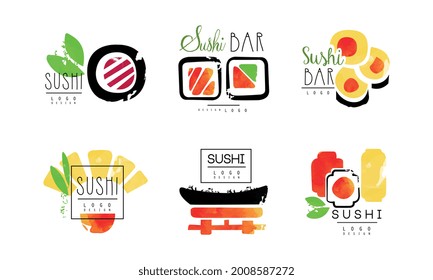 Sushi Logo Design Set, Japanese Food Bar, Restaurant, Delivery Service Labels Vector Illustration