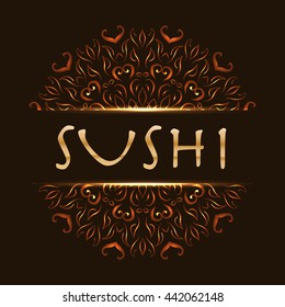 Sushi logo emblem mandala. Restaurant with japanese food, traditional culture lunch. Vector illustration