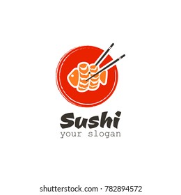 Sushi Logo With Fish, Chinese Chopsticks And Red Circle. Vector Icon For Restaurant On A White Background. 