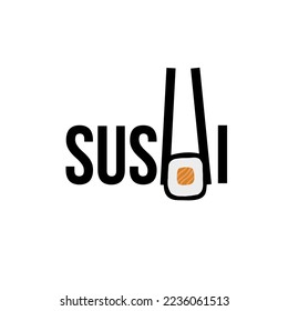 Ilustración del logotipo de sushi con texto y rollo de sushi con un símbolo estilizado