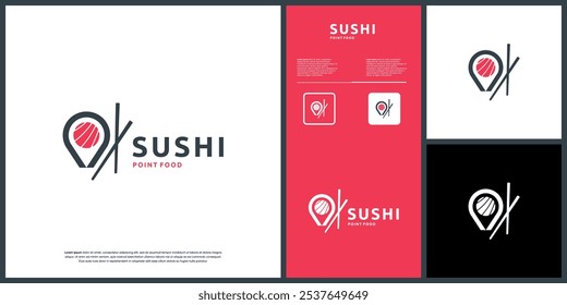 logotipo de sushi y marcador de ubicación, punto, mapa, comida especializada japonesa, Vector de Diseño gráfico.