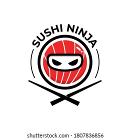 sushi logo with ninja face mask mascot chopsticks crossed cartoon logo illustration template vector