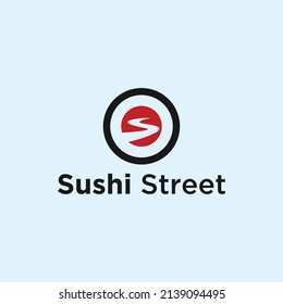 sushi logo with road silhouette vector illustration template