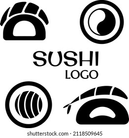sushi logo set. graphic symbol with fish cut into sushi and rolls. monochrome japanese food icon sushi and roll. minimalistic image simple shapes design. illustration isolated vector sign symbol