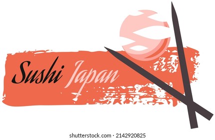 Sushi logo template, emblem for cafe, restaurant or food delivery service. Japan food advertising lettering. Text composition near chopsticks for sushi. Japan cuisine handwritten inscription