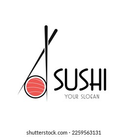 Sushi logo template for Japanese food cafe with salmon sushi. Sushi vector logo design