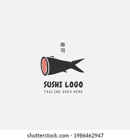 Sushi logo template. Japanese traditional cuisine, tasty food icon. japanese text translation "sushi". asian sushi bar vector logo.