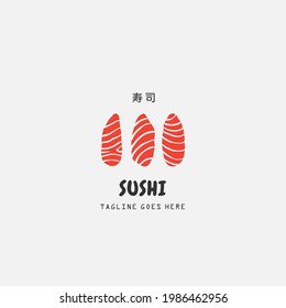 Sushi logo template. Japanese traditional cuisine, tasty food icon. japanese text translation "sushi". asian sushi bar vector logo.