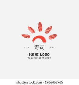 Sushi logo template. Japanese traditional cuisine, tasty food icon. japanese text translation "sushi". asian sushi bar vector logo.