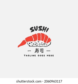 Sushi logo template. Japanese traditional cuisine, tasty food icon. japanese text translation "sushi". asian sushi bar vector logo.