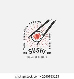 Sushi Logo Template. Japanese Traditional Cuisine, Tasty Food Icon. Japanese Text Translation 