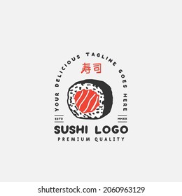 Plantilla de logotipo de sushi. Cocina tradicional japonesa, delicioso ícono de comida. traducción de texto japonesa "sushi". logo vectorial de la barra de sushi asiática.