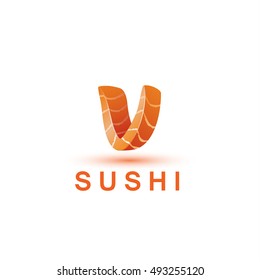 Sushi logo template. The letter V looks like a fresh piece of salmon fish.