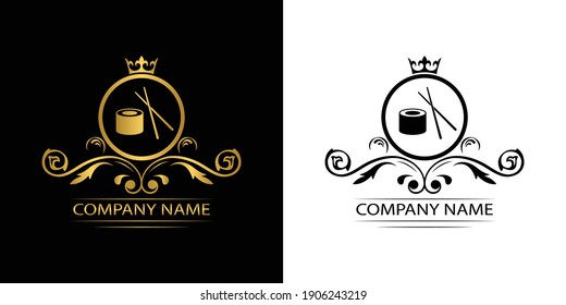 sushi logo template luxury royal  restaurant vector company  decorative emblem with crown  