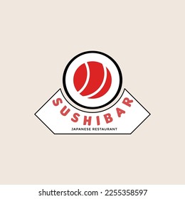 Plantilla de logotipo de sushi. Ilustración del estilo del ícono del vector Logo de Asian Street Fast Food Bar o Shop, Sushi, Maki, Rollo de salmón nigiri con palillos