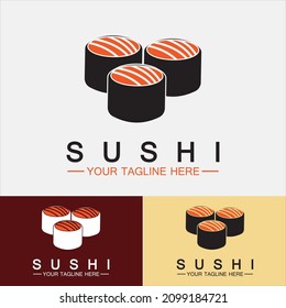 Sushi logo template.Vector Icon Style Illustration Bar or Shop, Sushi,Salmon Roll,Sushi and rolls with chopstick bar or restaurant vector logo template 