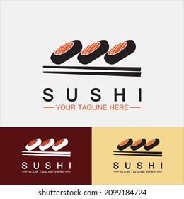 Sushi logo template.Vector Icon Style Illustration Bar or Shop, Sushi,Salmon Roll,Sushi and rolls with chopstick bar or restaurant vector logo template 