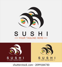 Sushi logo template.Vector Icon Style Illustration Bar or Shop, Sushi,Salmon Roll,Sushi and rolls with chopstick bar or restaurant vector logo template 