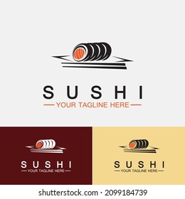 Sushi logo template.Vector Icon Style Illustration Bar or Shop, Sushi,Salmon Roll,Sushi and rolls with chopstick bar or restaurant vector logo template 