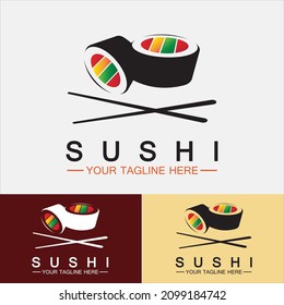 Sushi logo template.Vector Icon Style Illustration Bar or Shop, Sushi,Salmon Roll,Sushi and rolls with chopstick bar or restaurant vector logo template 