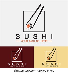 Sushi logo template.Vector Icon Style Illustration Bar or Shop, Sushi,Salmon Roll,Sushi and rolls with chopstick bar or restaurant vector logo template 