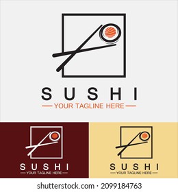 Plantilla de logotipo de sushi.Barra o tienda de ilustraciones con estilo de icono vector, sushi,rollo de salmón,sushi y rollos con barra de palo o plantilla de logotipo de vector de restaurante 