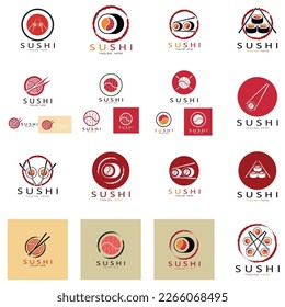 Sushi logo template.Vector Icon Style Illustration Bar or Shop, Sushi,Salmon Roll,Sushi and rolls with chopstick bar or restaurant vector logo template 